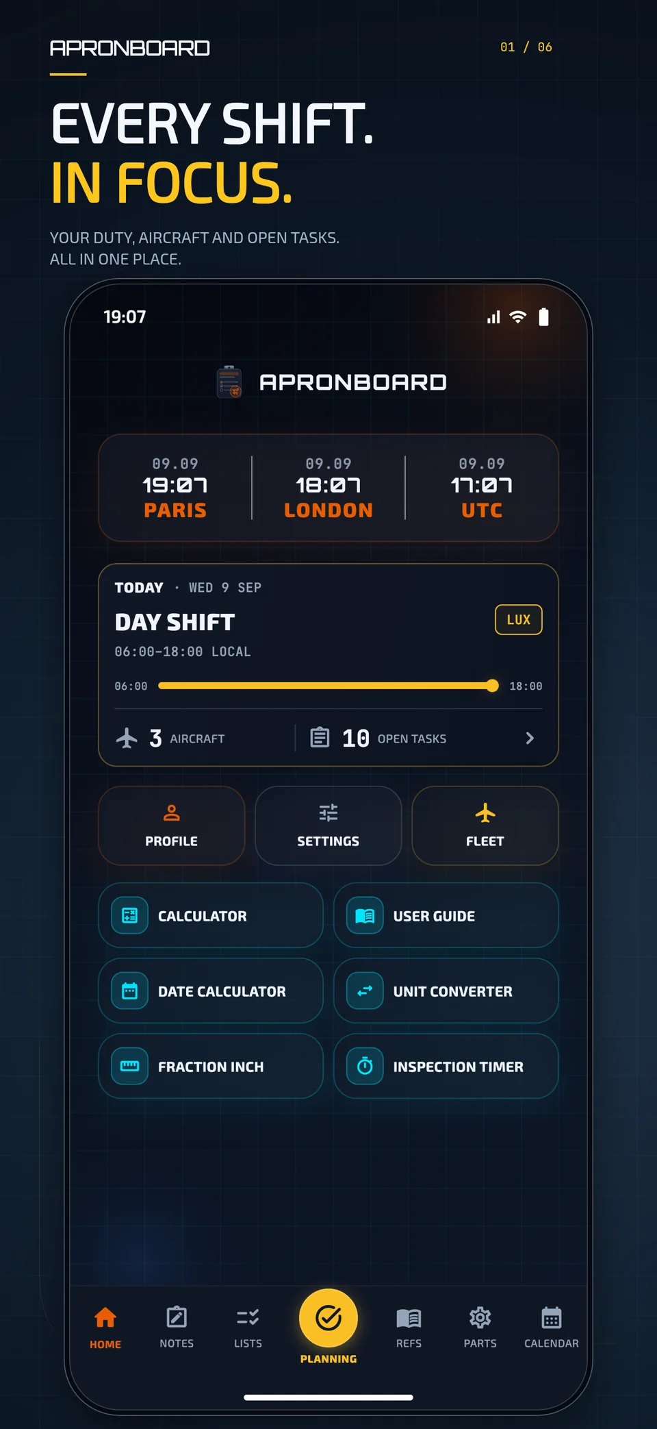 ApronBoard shift overview showing duty times, aircraft, open tasks and tools.