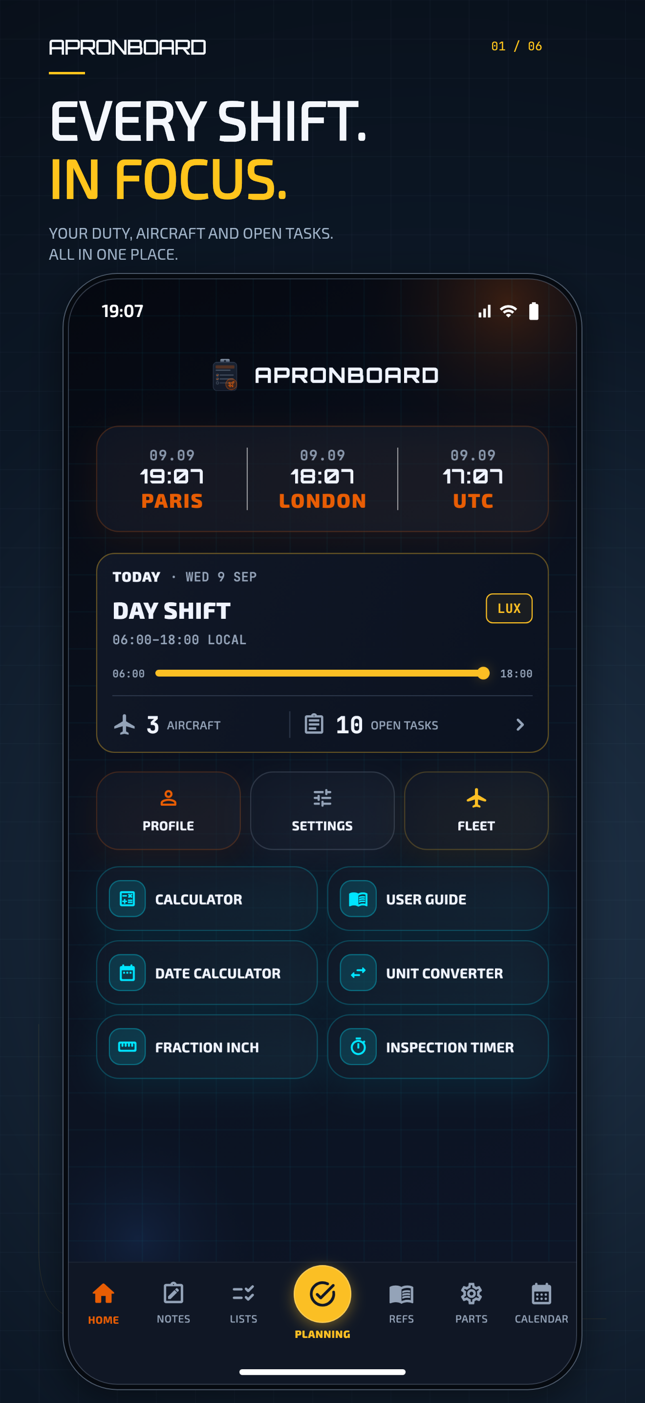 Every shift. In focus. ApronBoard’s shift overview with aircraft, open tasks and utilities.