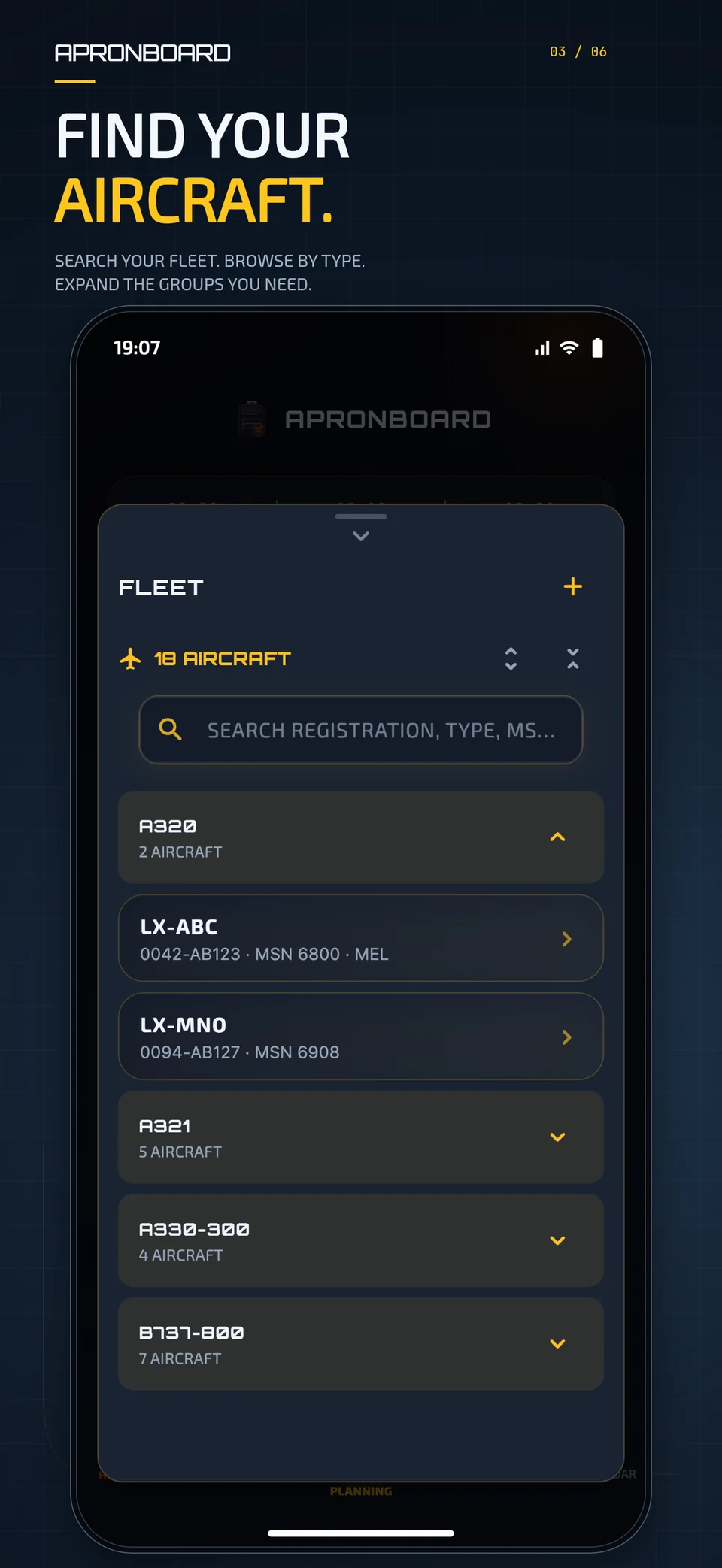 ApronBoard fleet view with registration search and aircraft grouped by type.