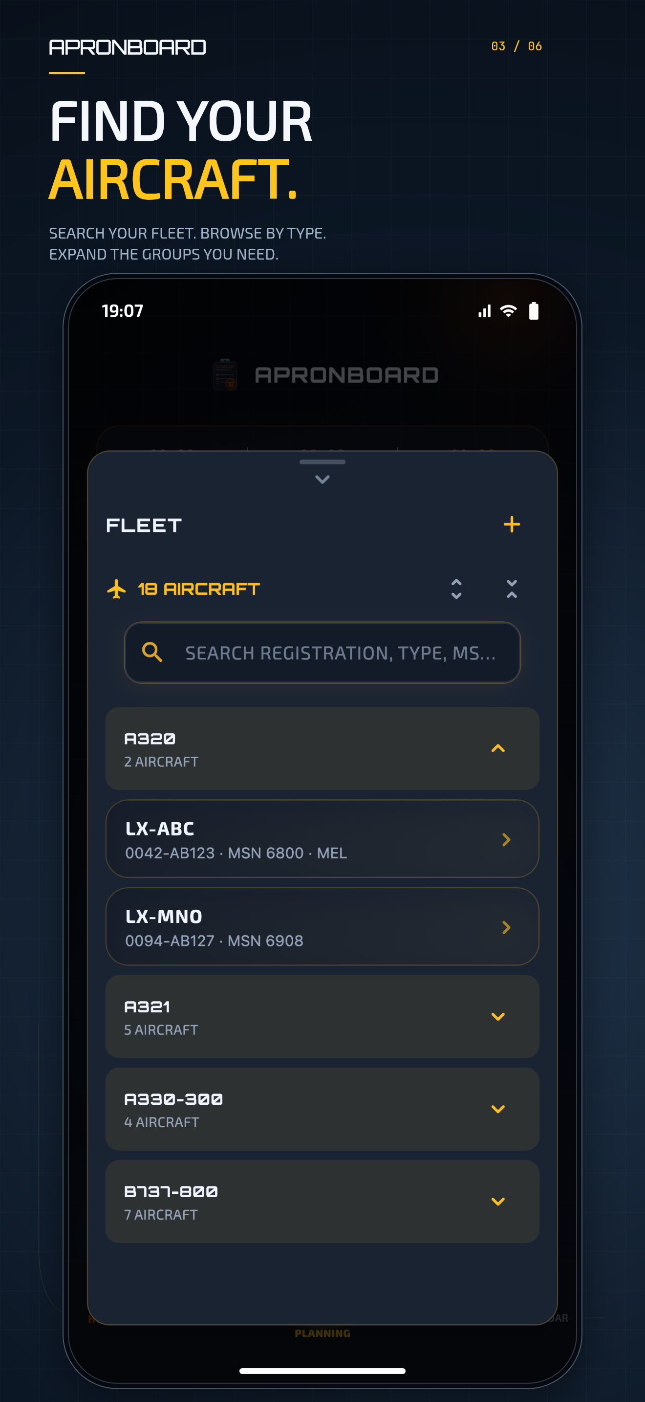 ApronBoard fleet view with registration search and aircraft grouped by type.