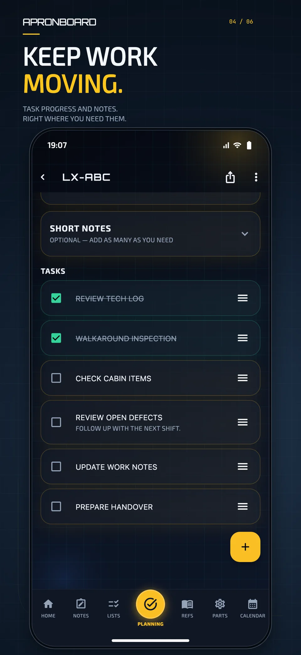 ApronBoard aircraft tasks with completed checks, outstanding work and handover notes.