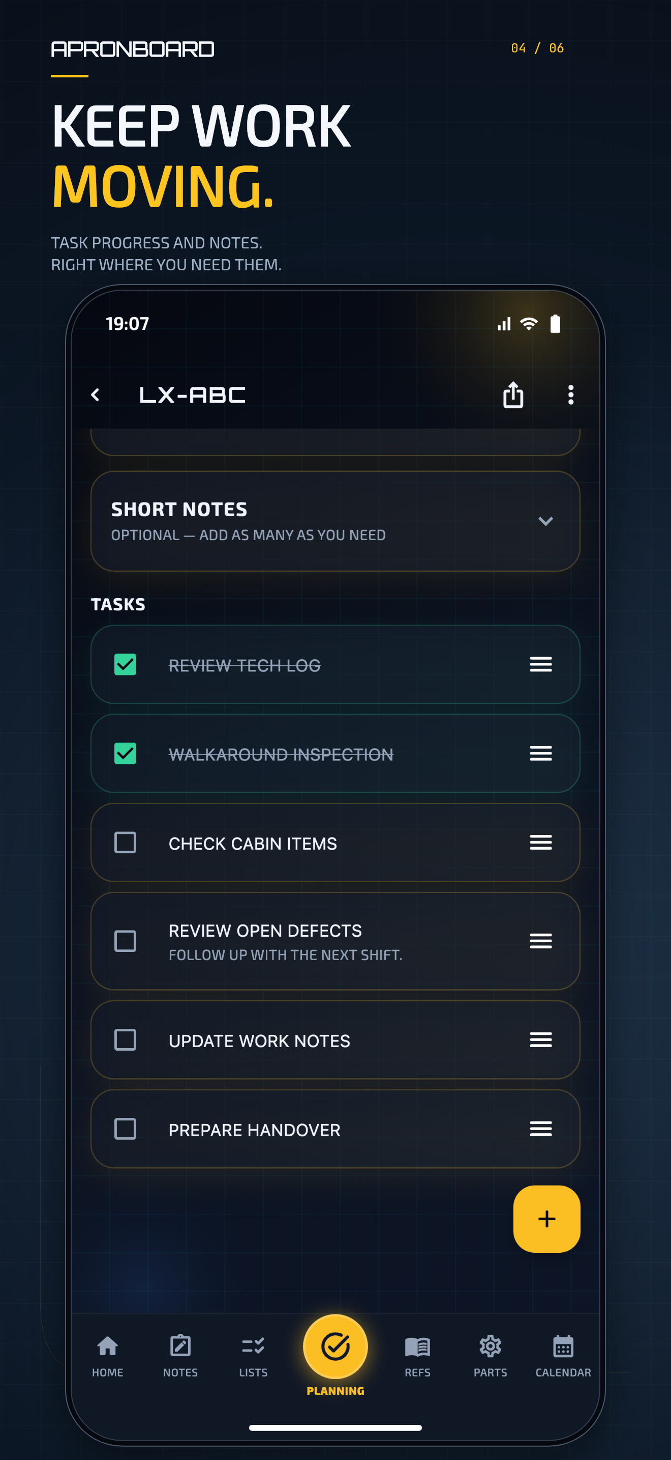 ApronBoard aircraft tasks with completed checks, outstanding work and handover notes.