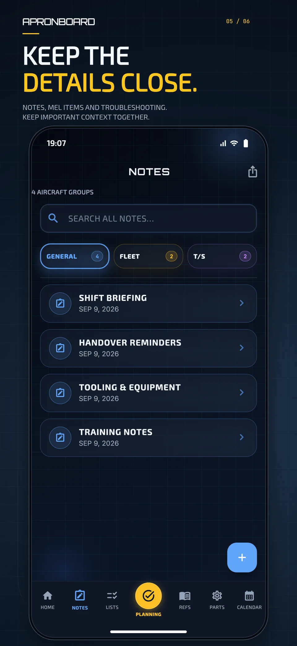 ApronBoard Notes screen with search, General, Fleet and troubleshooting categories, and shift briefing notes.