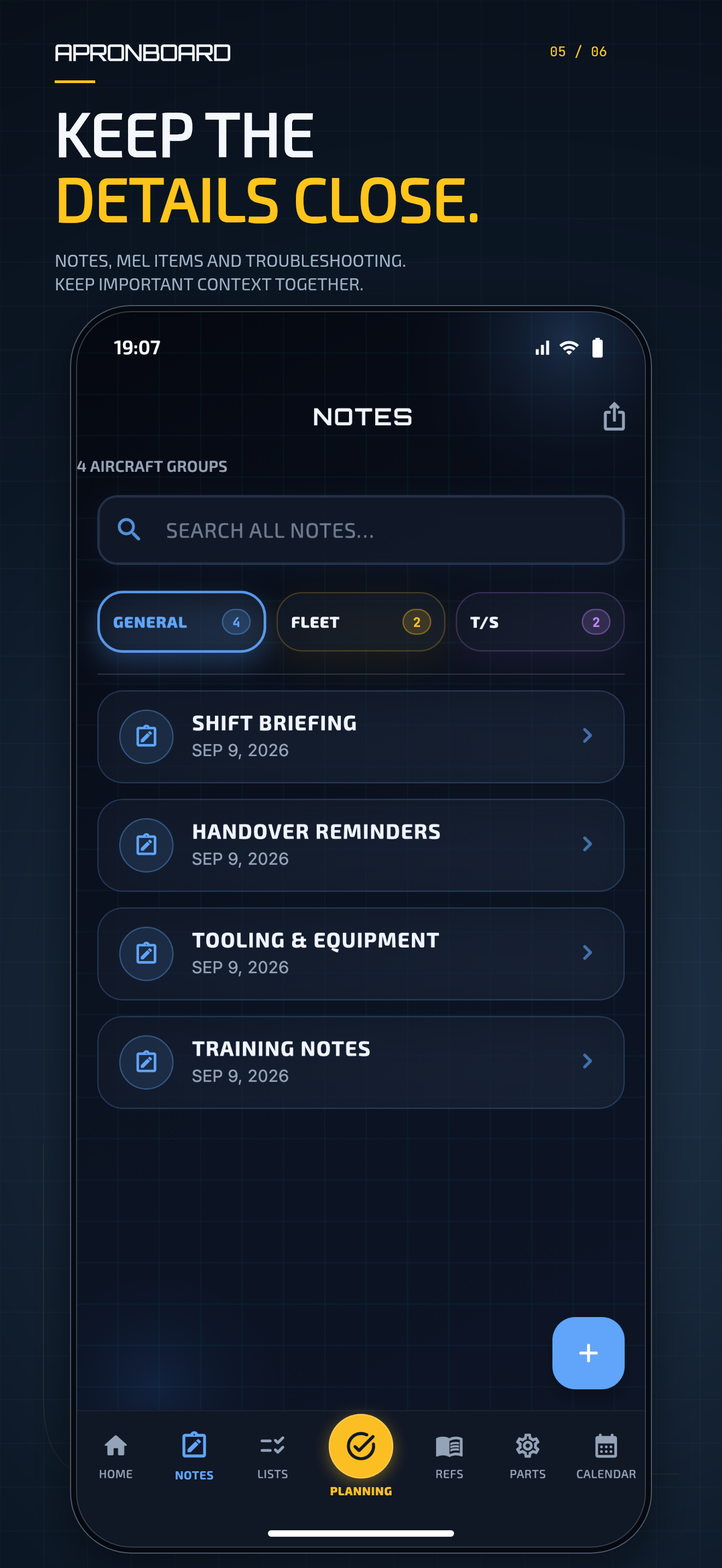 ApronBoard Notes screen with search, General, Fleet and troubleshooting categories, and shift briefing notes.