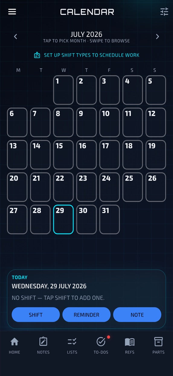 Calendar with today's shift and quick actions