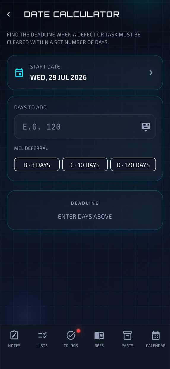Date calculator with MEL deferral presets