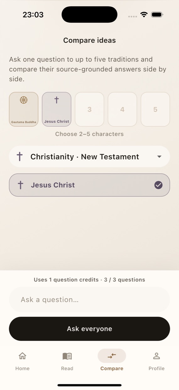 Compare ideas screen with Gautama Buddha and Jesus Christ selected