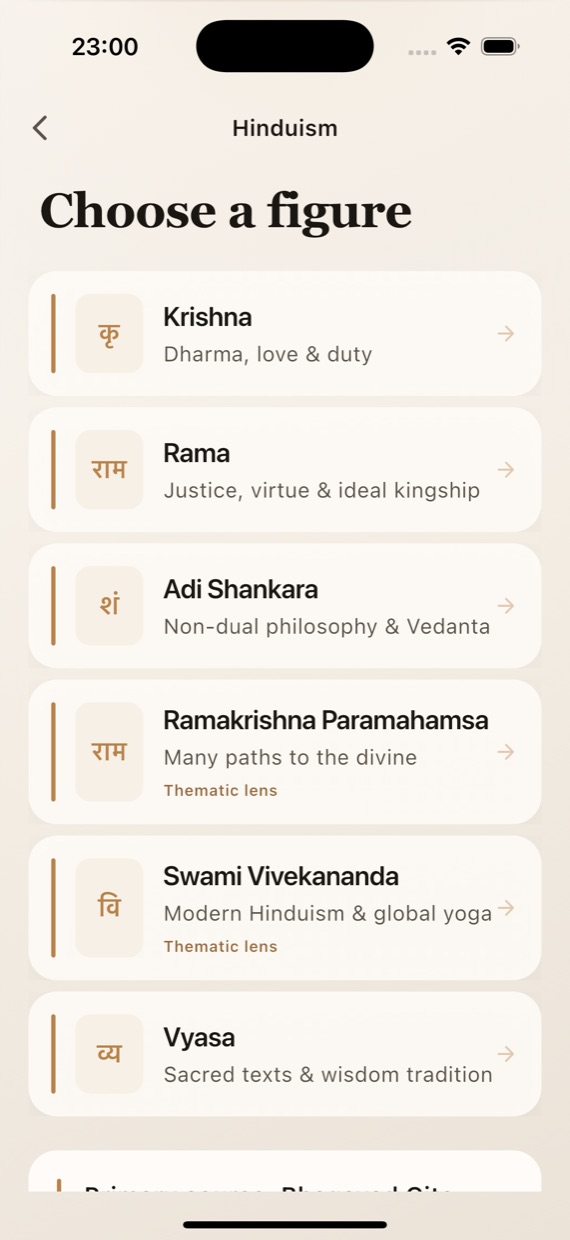 Figure picker for Hinduism showing Krishna, Rama, Adi Shankara and others