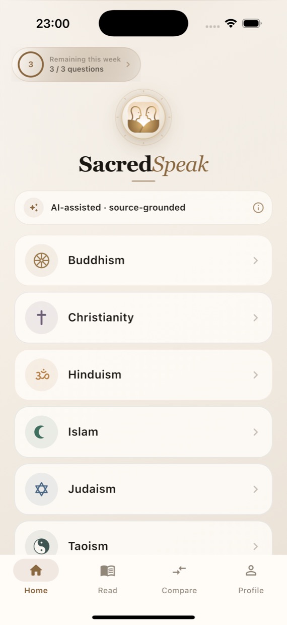 Sacred Speak home screen listing Buddhism, Christianity, Hinduism, Islam, Judaism and Taoism