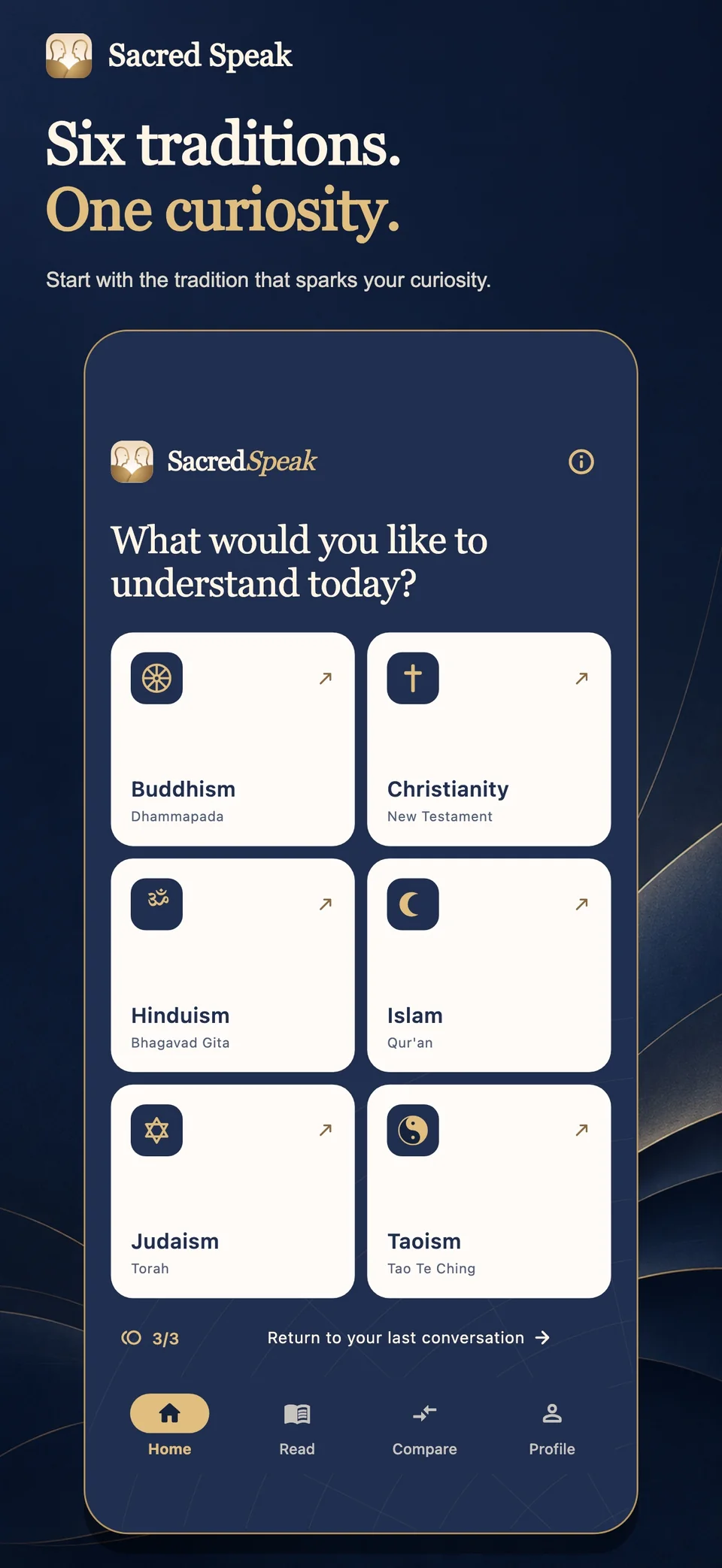 Six traditions. One curiosity. SacredSpeak’s Explore screen.