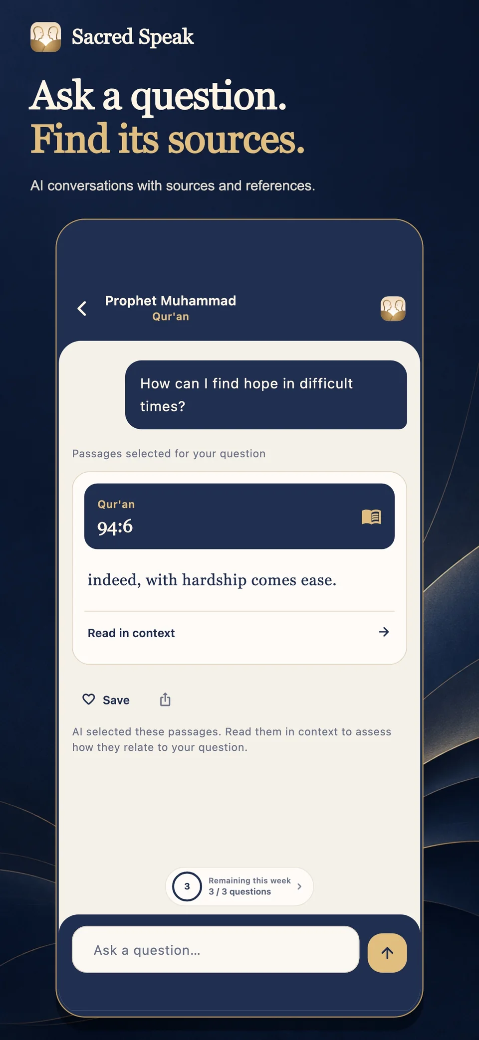 SacredSpeak question screen with an AI-selected passage, its source reference and a Read in context link.