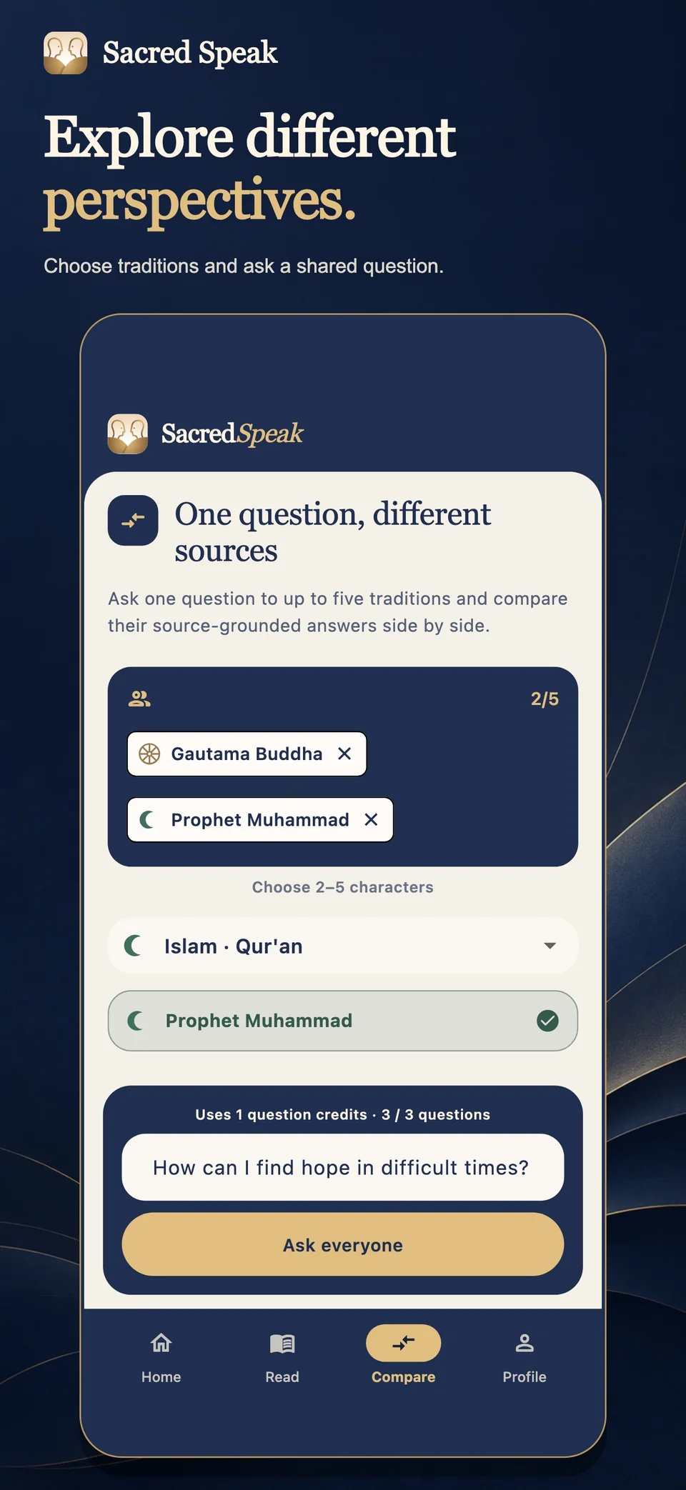 Explore different perspectives. A preview of SacredSpeak’s Compare screen.