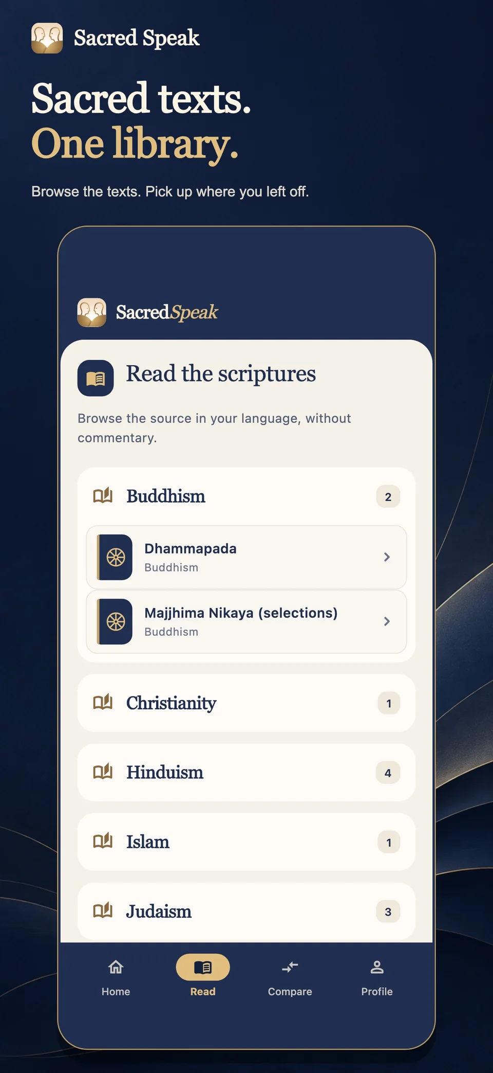 SacredSpeak library with sacred texts organised by religious tradition.