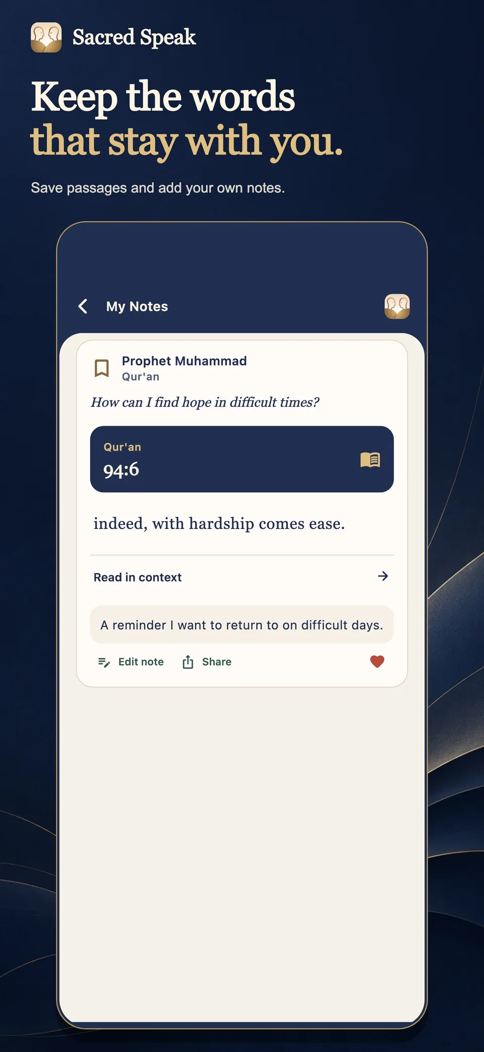 SacredSpeak saved passage screen with a source reference, personal note, edit and share controls.