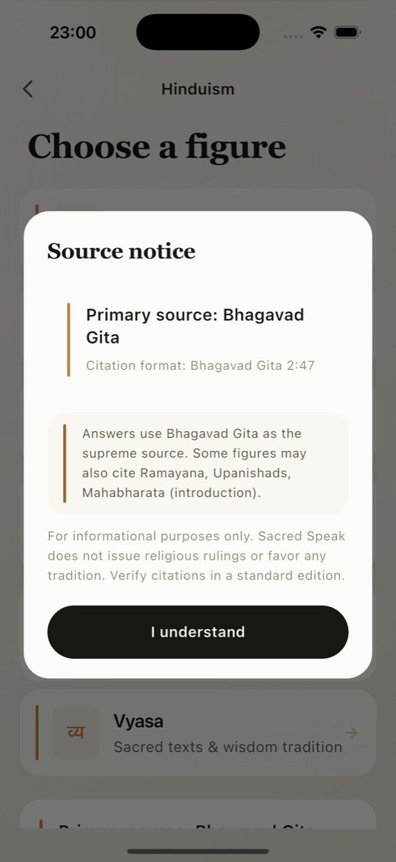 Source notice explaining which primary source and citation format a tradition uses