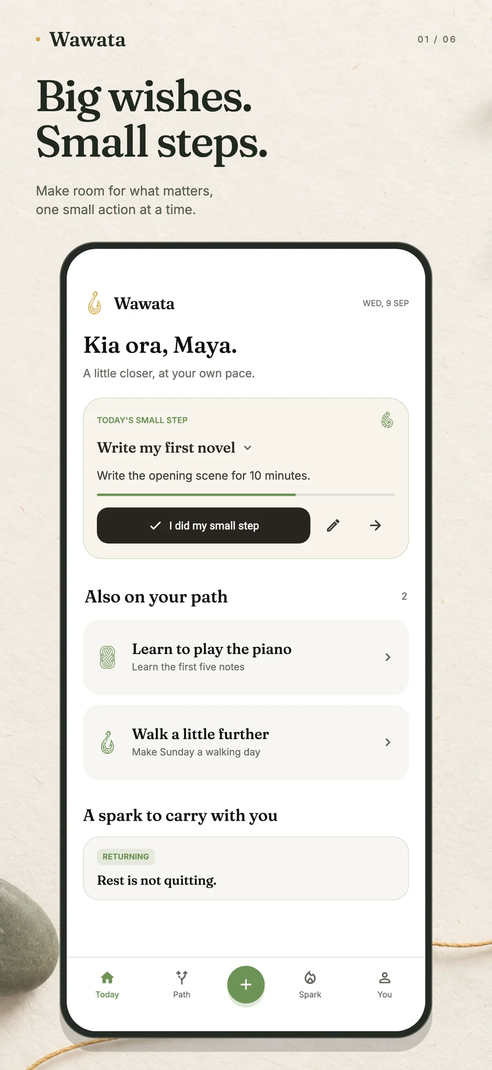 Wawata Today screen showing a wish, its next small step and other paths.