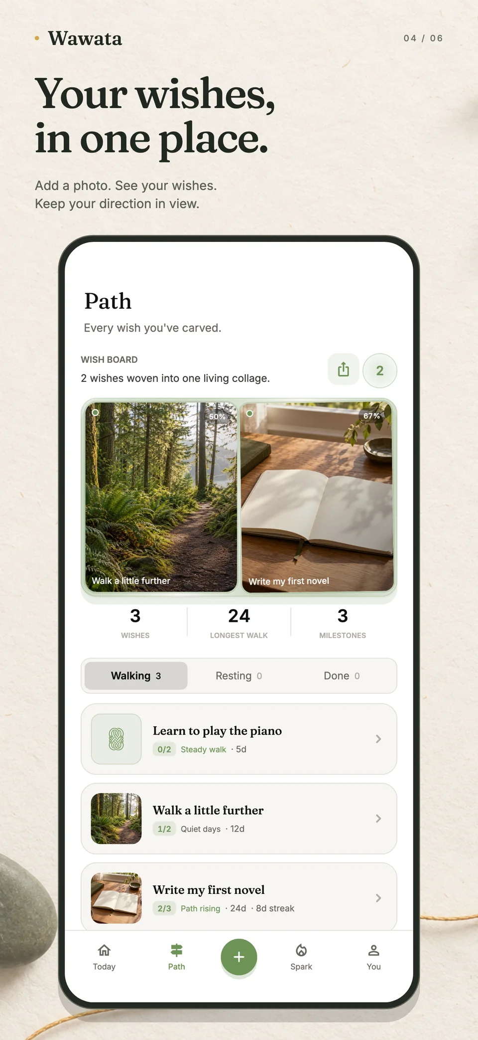 Wawata Path screen: a photo wish board and wishes organised as Walking, Resting and Done.