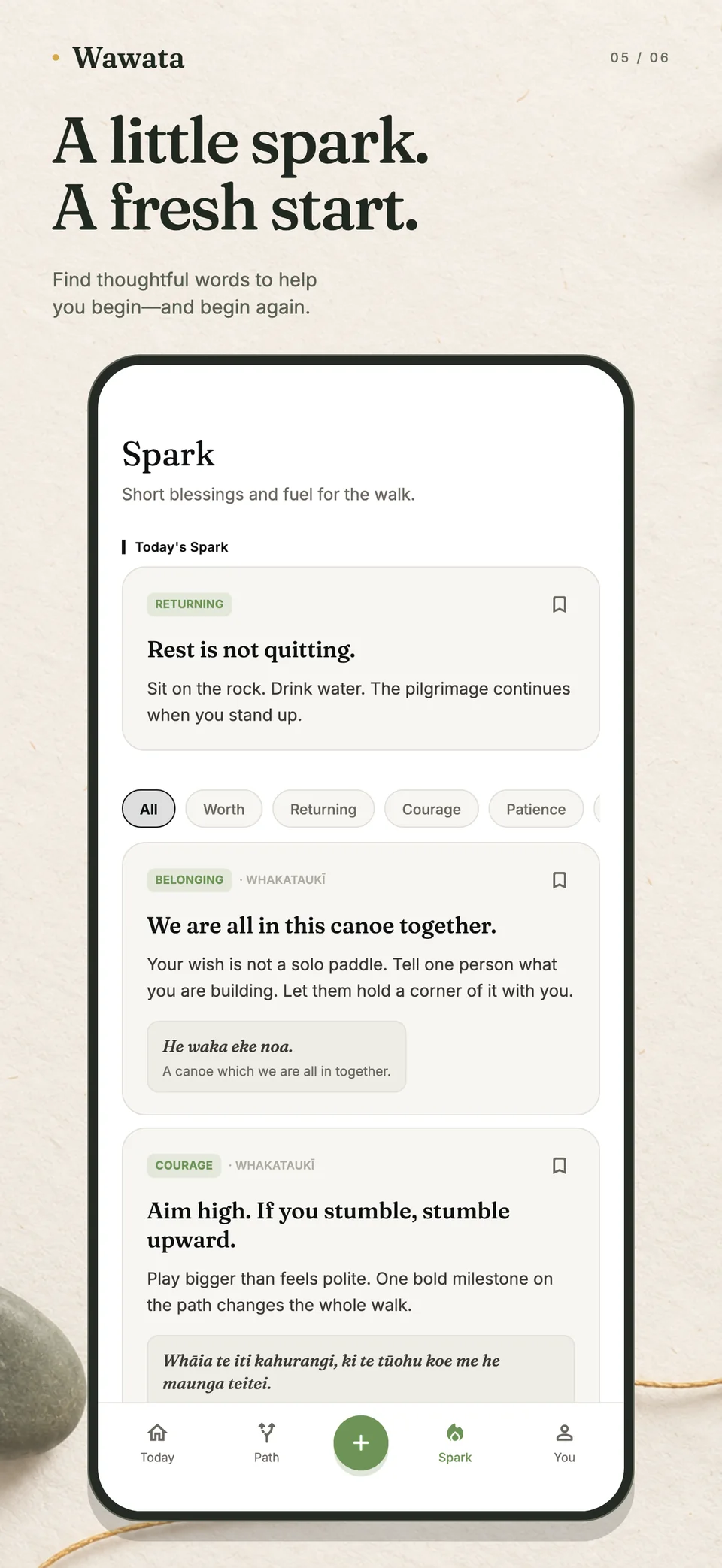 Wawata Spark screen: short reflections on returning, belonging and courage, with bookmark controls.